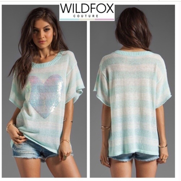 Wildfox Brigittes Heart Lake House Tee in Bleached Aqua Knit Sequin Sweater Tee - Picture 2 of 9